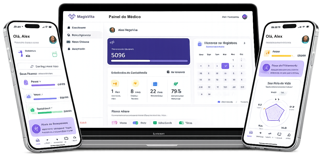 App Magis Vita em desktop e celular mostrando o painel de acompanhamento dos 5 pilares de saúde